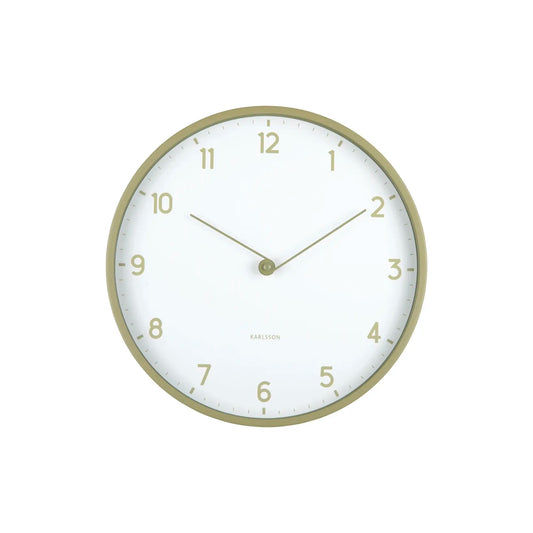 Wanduhr mit beigem Rahmen und weißem Zifferblatt, goldfarbene Ziffern und Zeiger