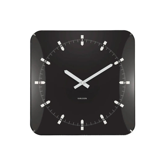 Quadratische schwarze Wanduhr mit weißen Zeigern, Indexstrichen und Ziffernmarkierung 30