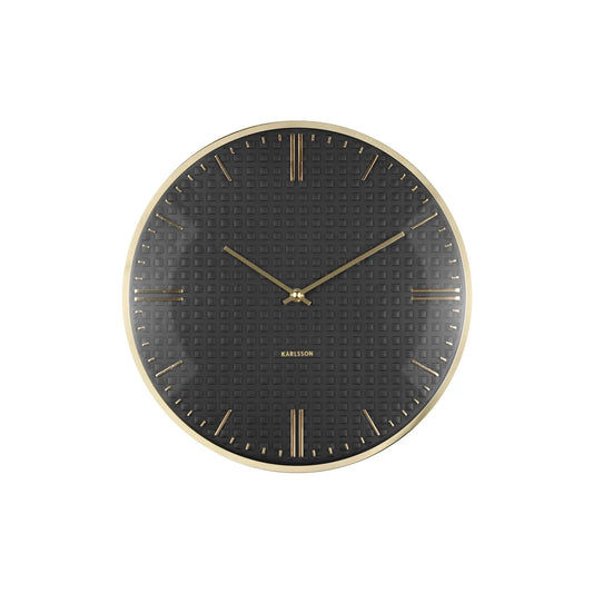 Runde schwarze Wanduhr mit goldenen Zeigern und Indexstrichen