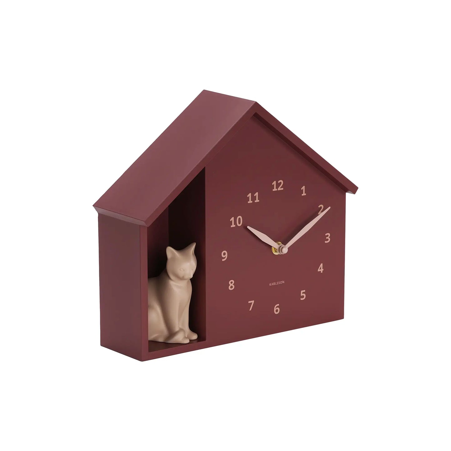 Wanduhr im Katzenhaus-Look, bordeauxrote Gehäuseform mit beiger Katze im Innenraum.