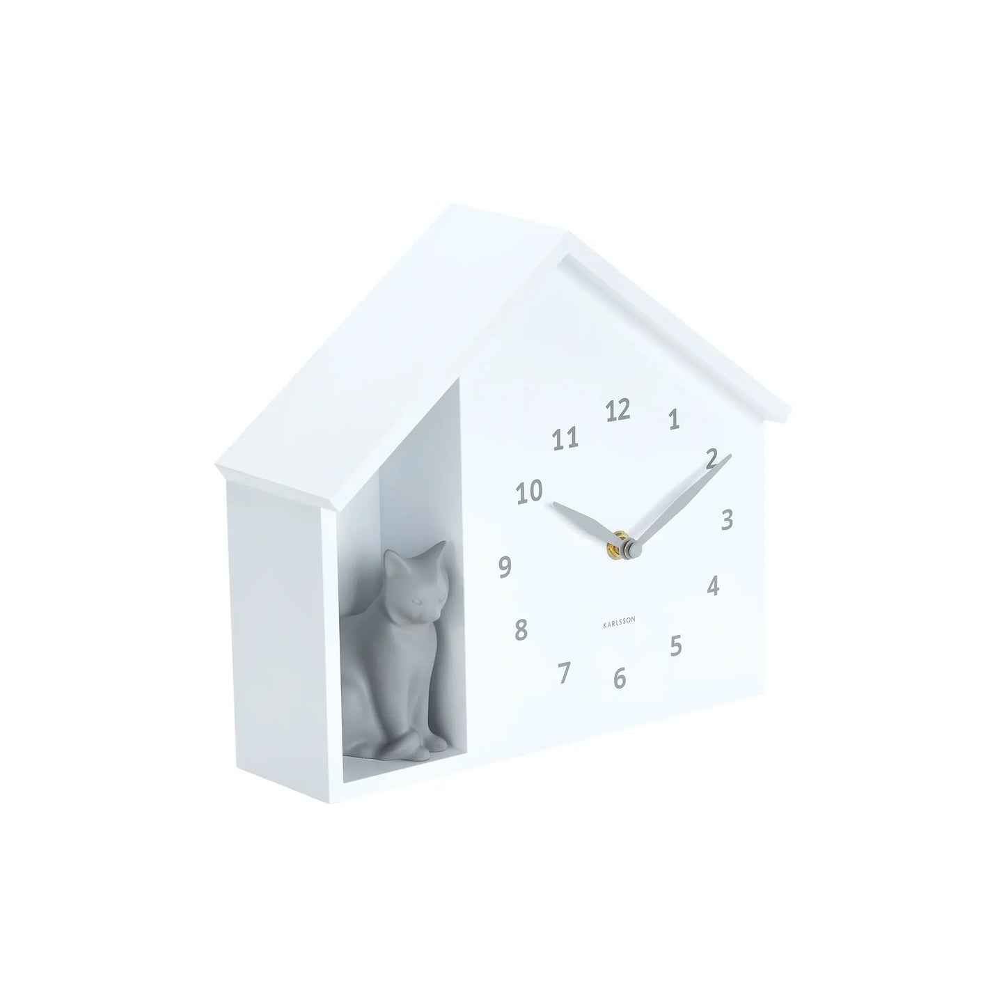 Weiße Haus-Wanduhr mit Katze im Fenster, analoge Zeiger und Ziffern 1–12