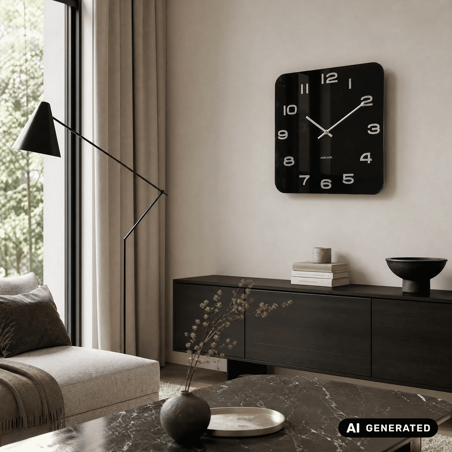 Karlsson Wanduhr an Wand, quadratisch schwarz mit offenen Ziffern und silbernen Zeigern