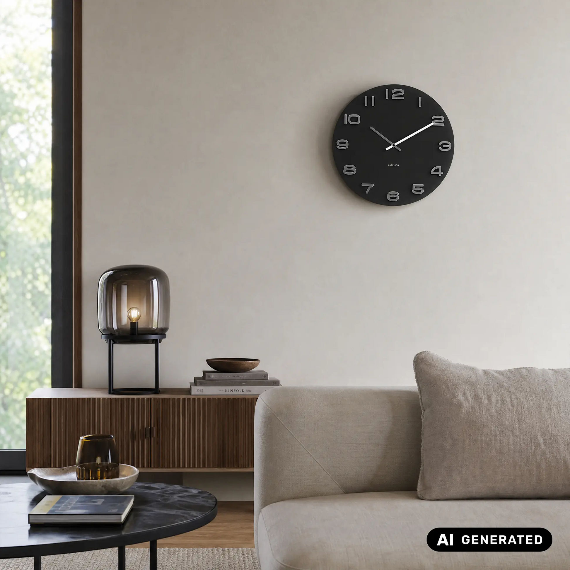 Schwarze runde Wanduhr an heller Wand, silberne Zahlen und Zeiger