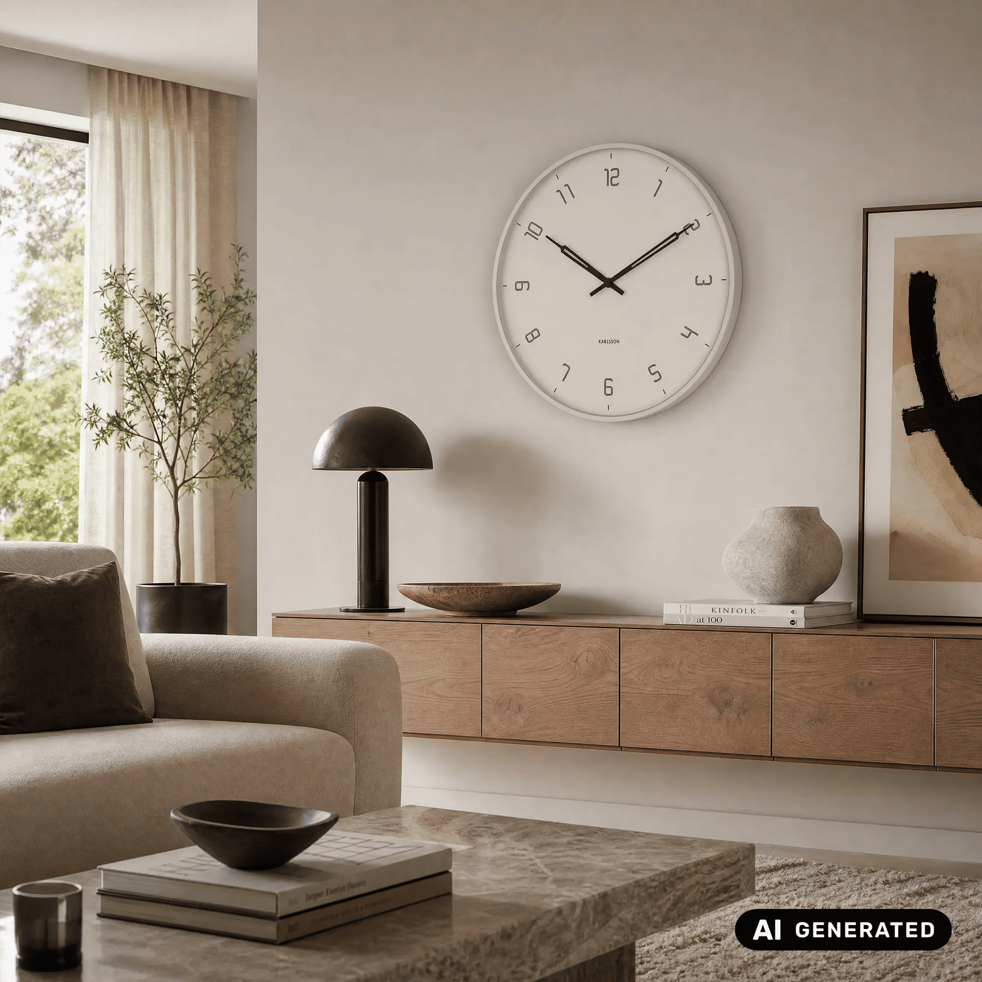 Runde Wanduhr mit hellem Zifferblatt und schwarzen Zeigern an der Wand.