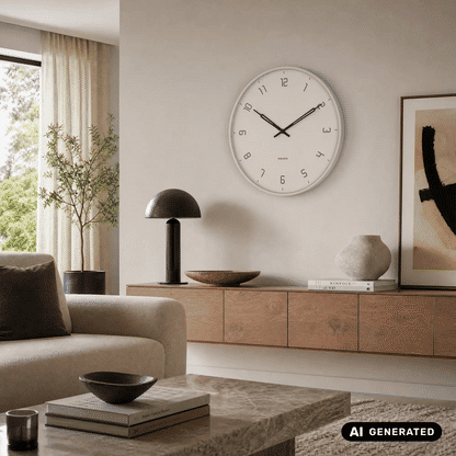 Runde Wanduhr mit hellem Zifferblatt und schwarzen Zeigern an der Wand.