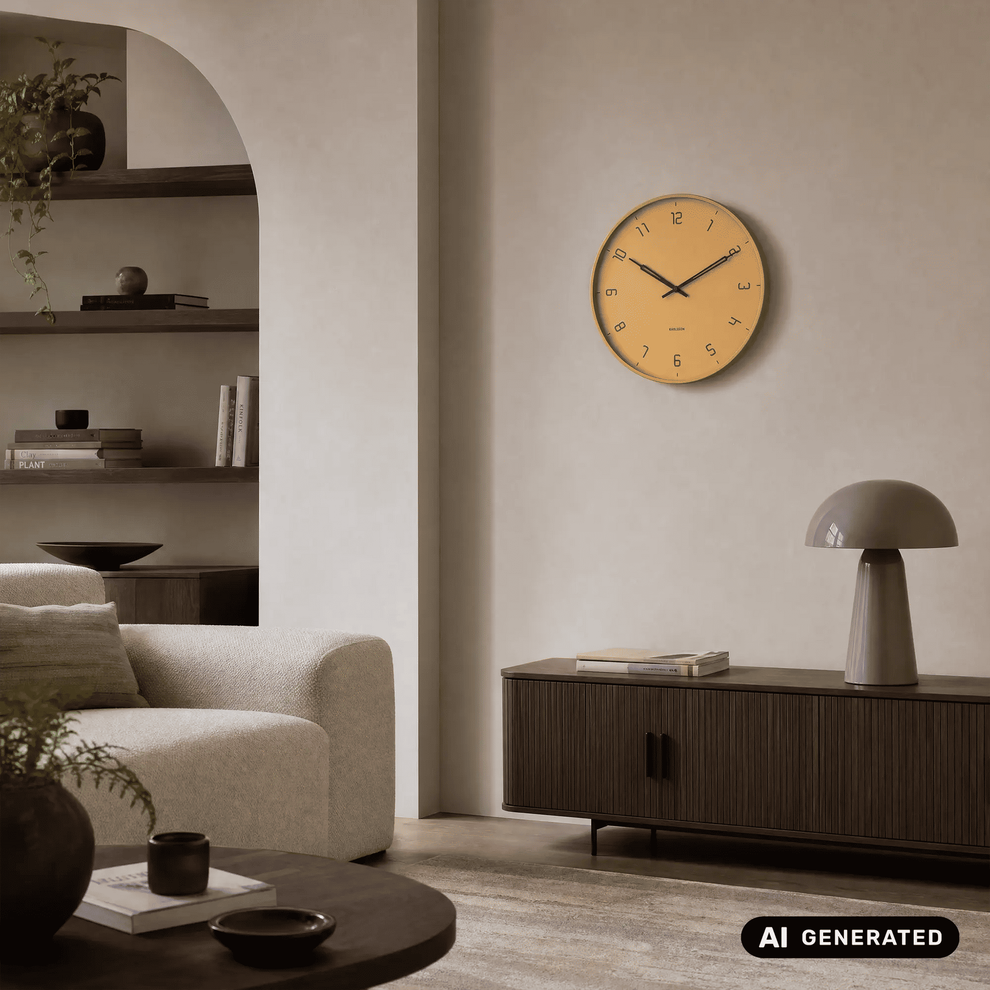 Runde Wanduhr an der Wand, honiggelbes Zifferblatt mit schwarzen Zeigern