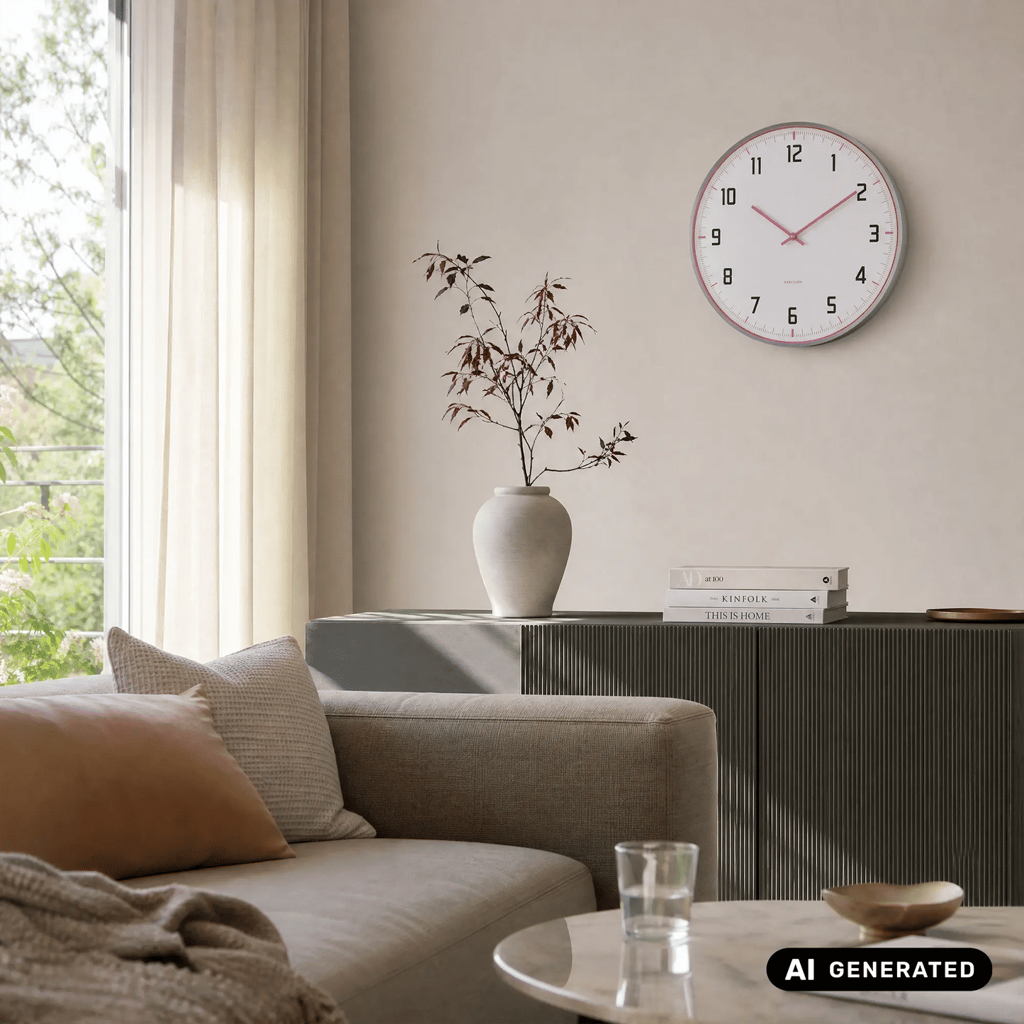Runde Wanduhr mit weißem Ziffernblatt, pinkem Rand, schwarzen Zahlen