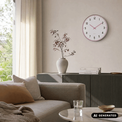 Runde Wanduhr mit weißem Ziffernblatt, pinkem Rand, schwarzen Zahlen