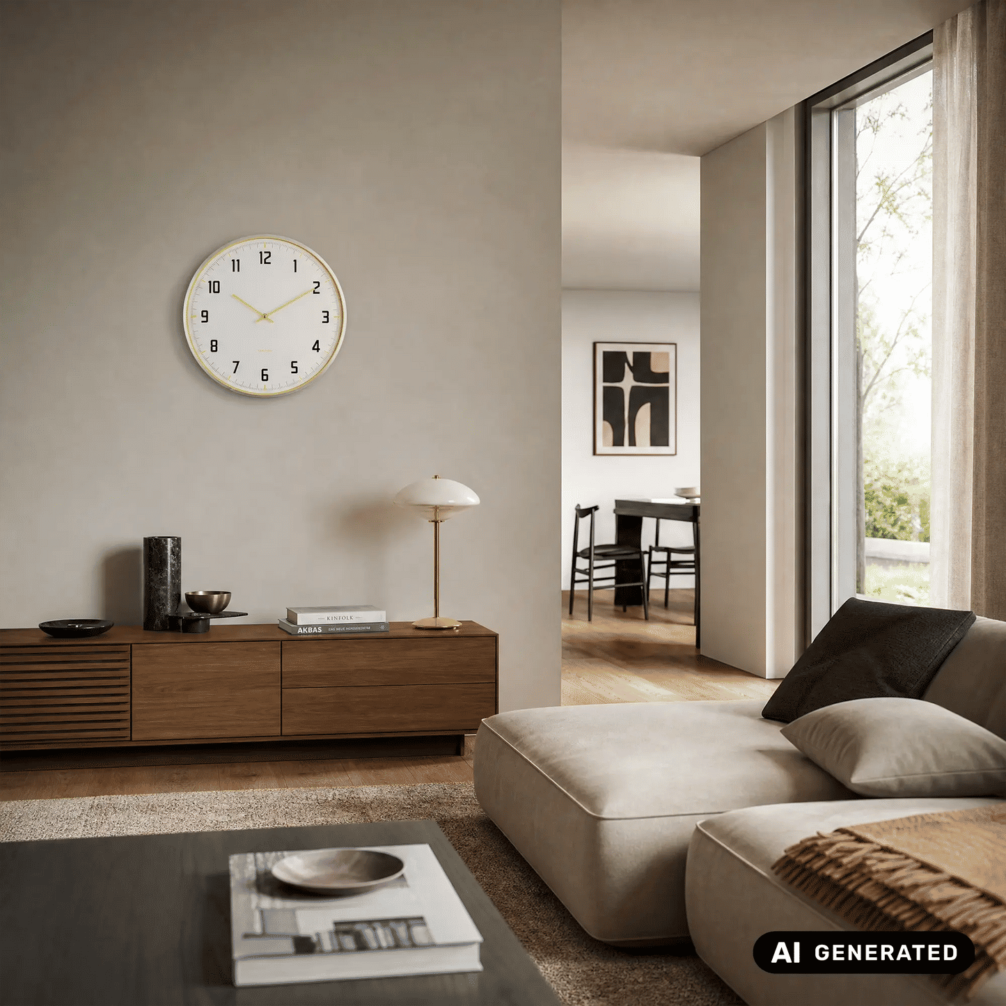 Wanduhr an der Wand: weißes Ziffernblatt mit gelben Zeigern und schwarzen Ziffern