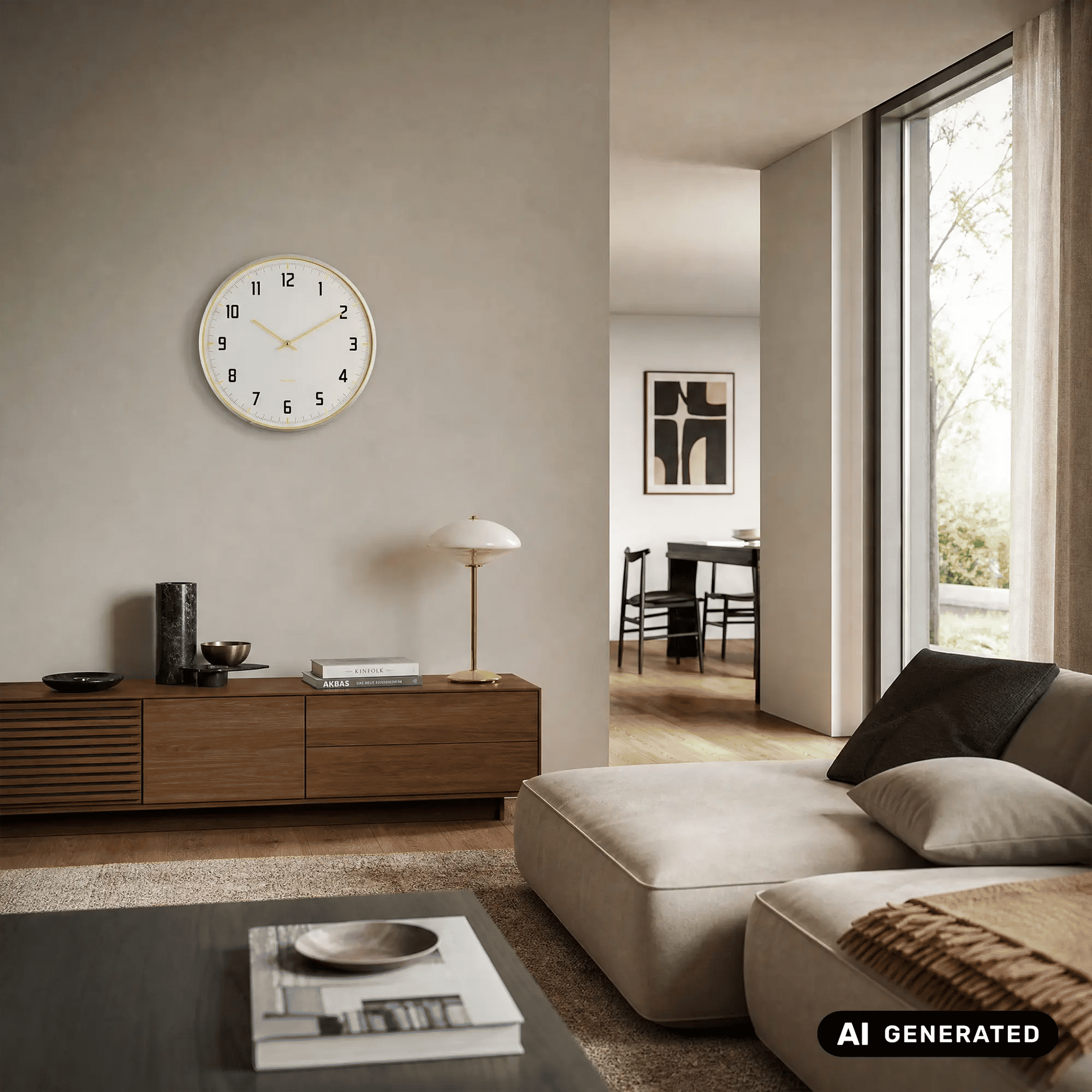 Wanduhr an der Wand: weißes Ziffernblatt mit gelben Zeigern und schwarzen Ziffern