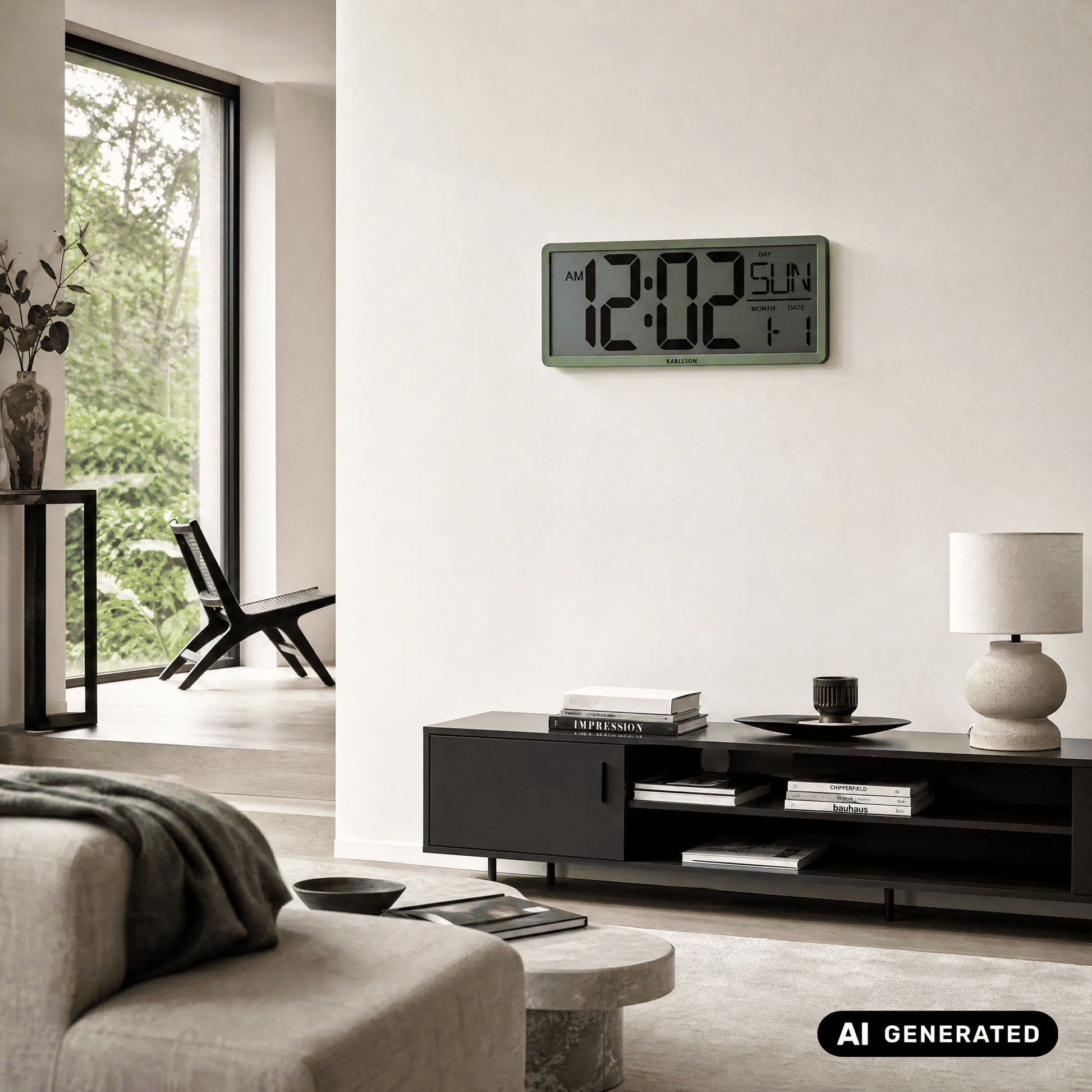 Dschungelgrüne LCD-Wanduhr an der Wand mit Digitalanzeige für Uhrzeit und Kalender