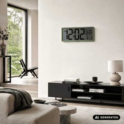 Dschungelgrüne LCD-Wanduhr an der Wand mit Digitalanzeige für Uhrzeit und Kalender