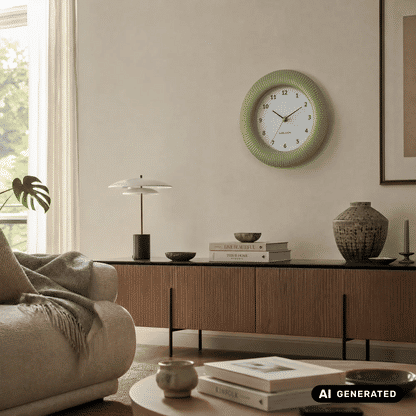 Teeegrüne runde Wanduhr an der Wand mit nummeriertem Zifferblatt