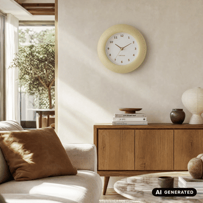Wanduhr Softgelb an Wohnwand über Kommode, rundes Design mit Relief-Rand