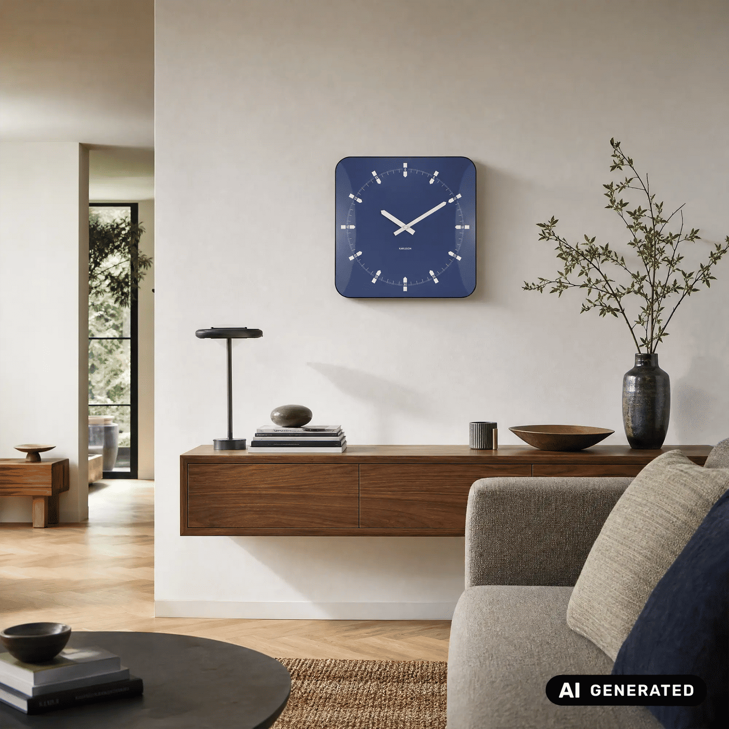 Quadratische Wanduhr in Marineblau an der Wand mit weißen Zeigern und Indexstrichen