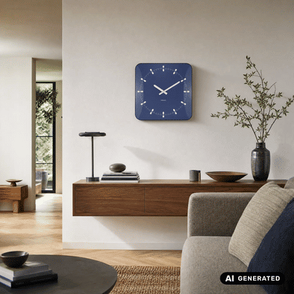 Quadratische Wanduhr in Marineblau an der Wand mit weißen Zeigern und Indexstrichen