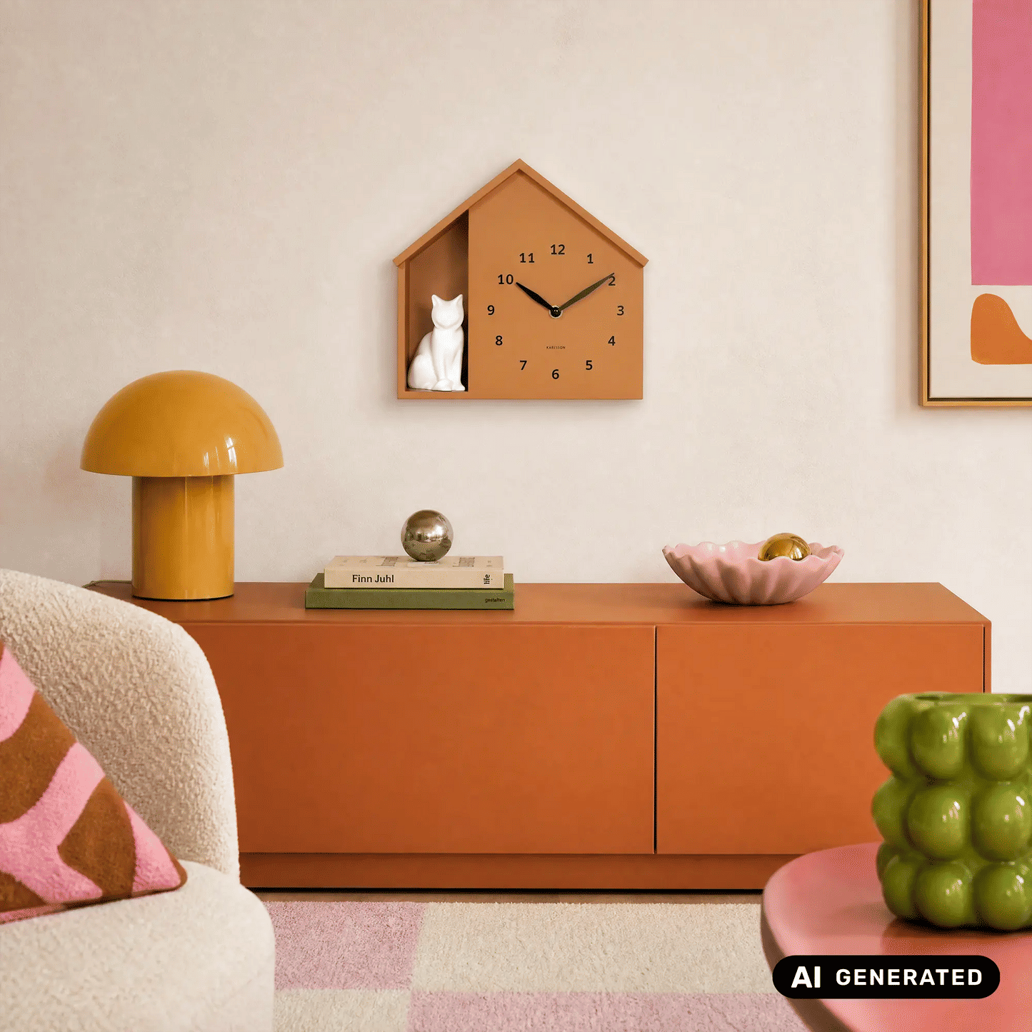 Wanduhr im Katzenhaus-Design mit weißer sitzender Katze, ockerfarbenes Gehäuse