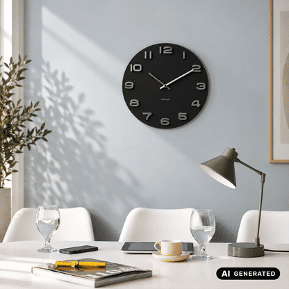 Schwarze runde Wanduhr mit silbernen Zahlen und Zeigern an der Wand