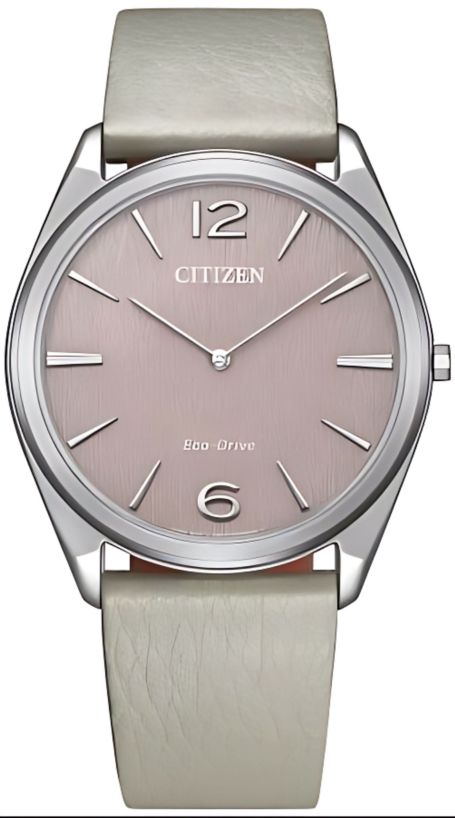 Reloj de pulsera para mujer con esfera rosa, caja plateada y correa de piel gris.