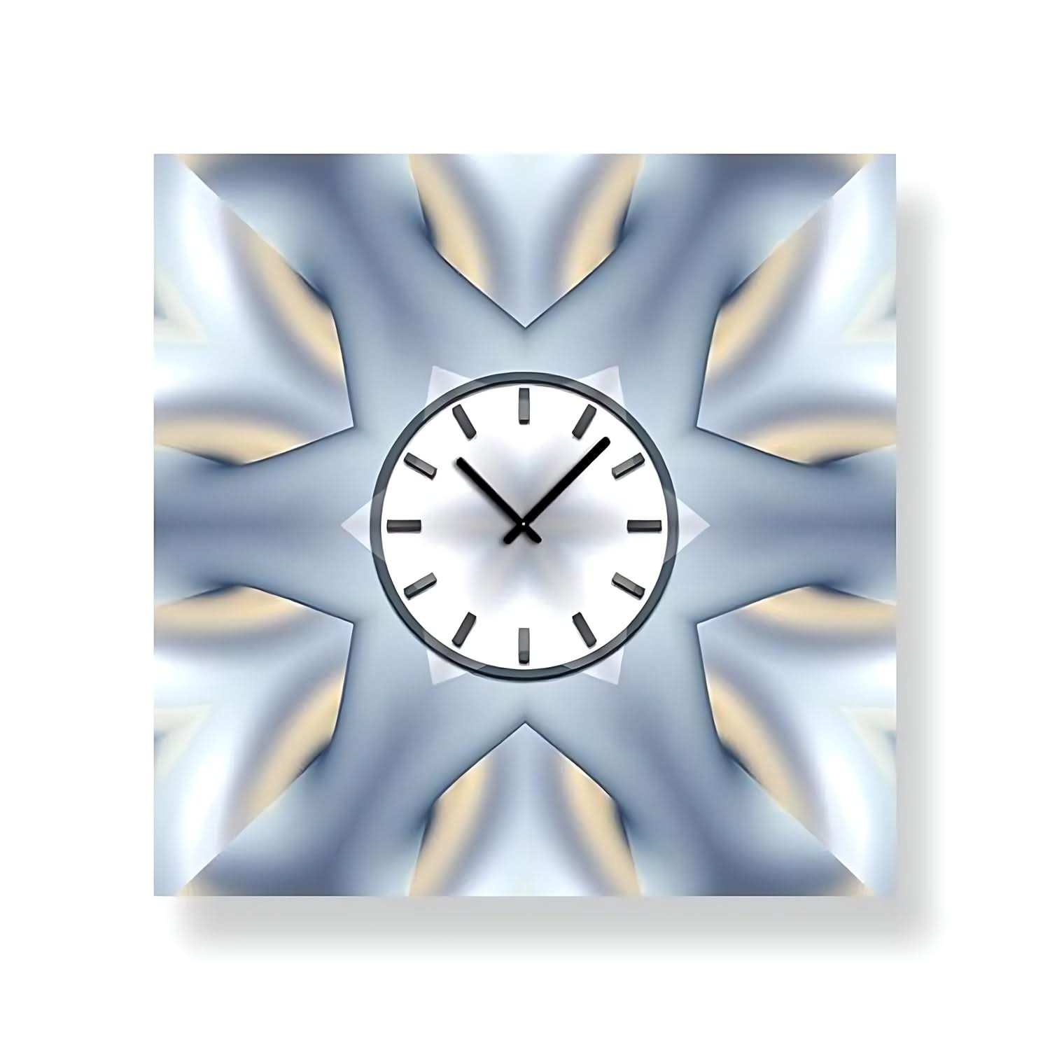 "Reloj de pared con esfera redonda y manecillas plateadas, rodeado por un marco radial"