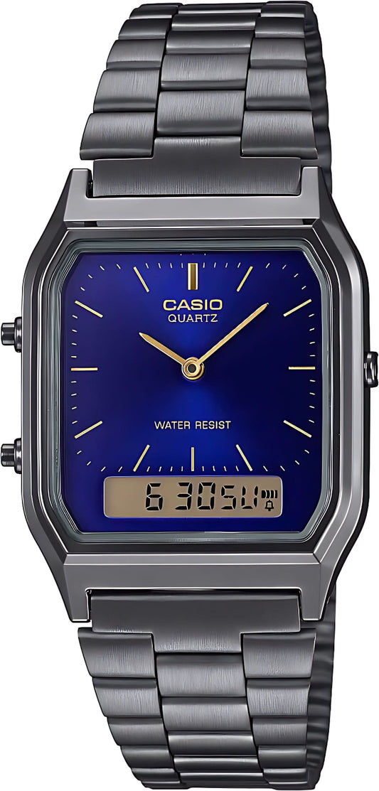Reloj Casio de cuarzo para hombre con esfera azul, manecillas doradas y correa de acero inoxidable