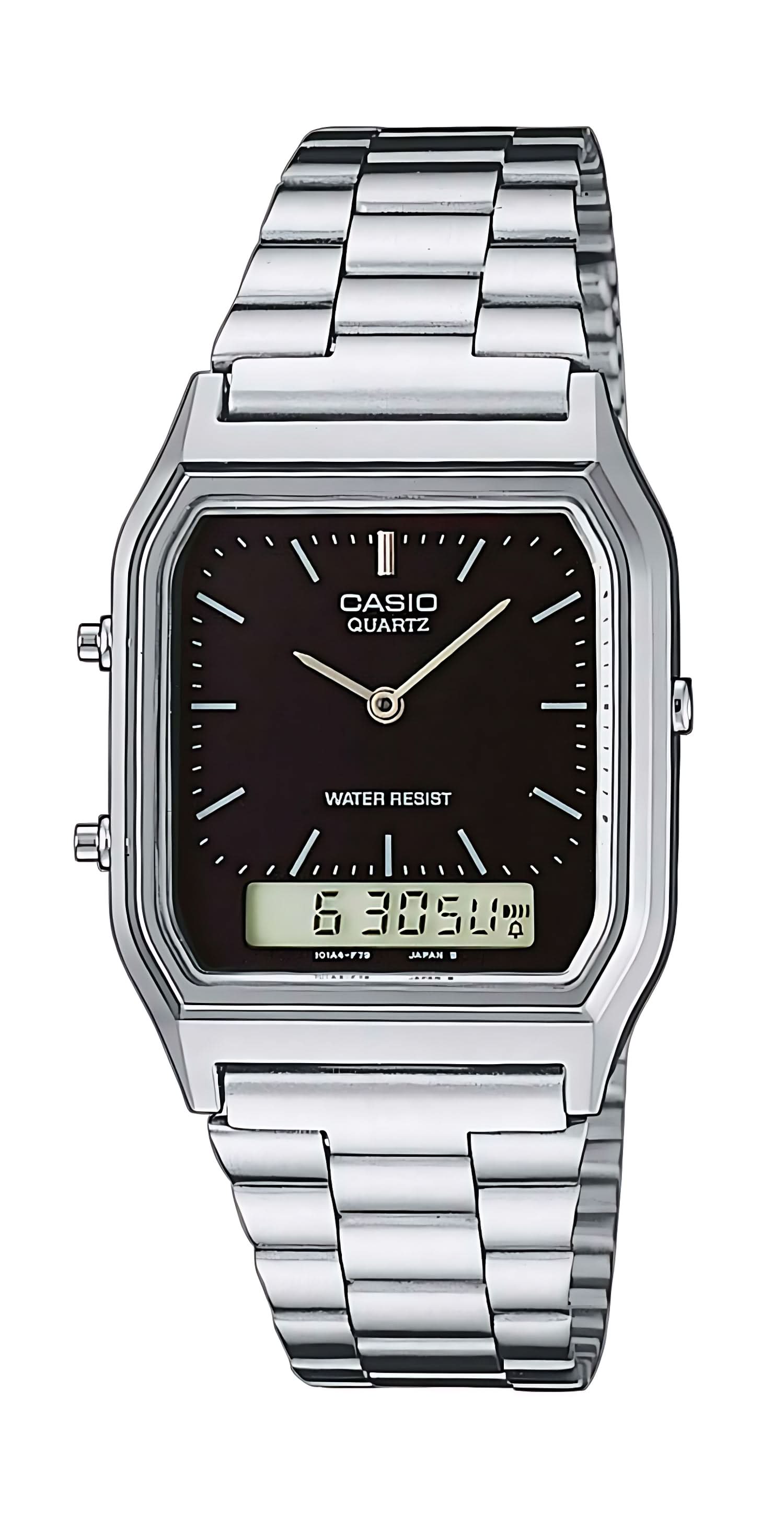 Reloj Casio Vintage: correa de metal plateado, esfera negra con pantalla digital.