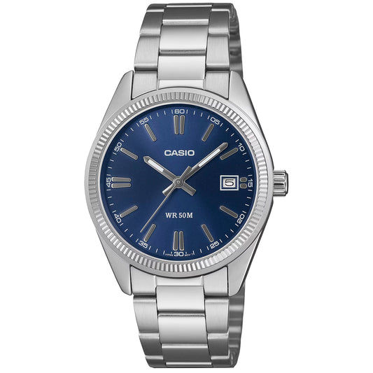 Casio Armbanduhr mit blauem Zifferblatt, Datumsanzeige, Edelstahlband und Mineralglas