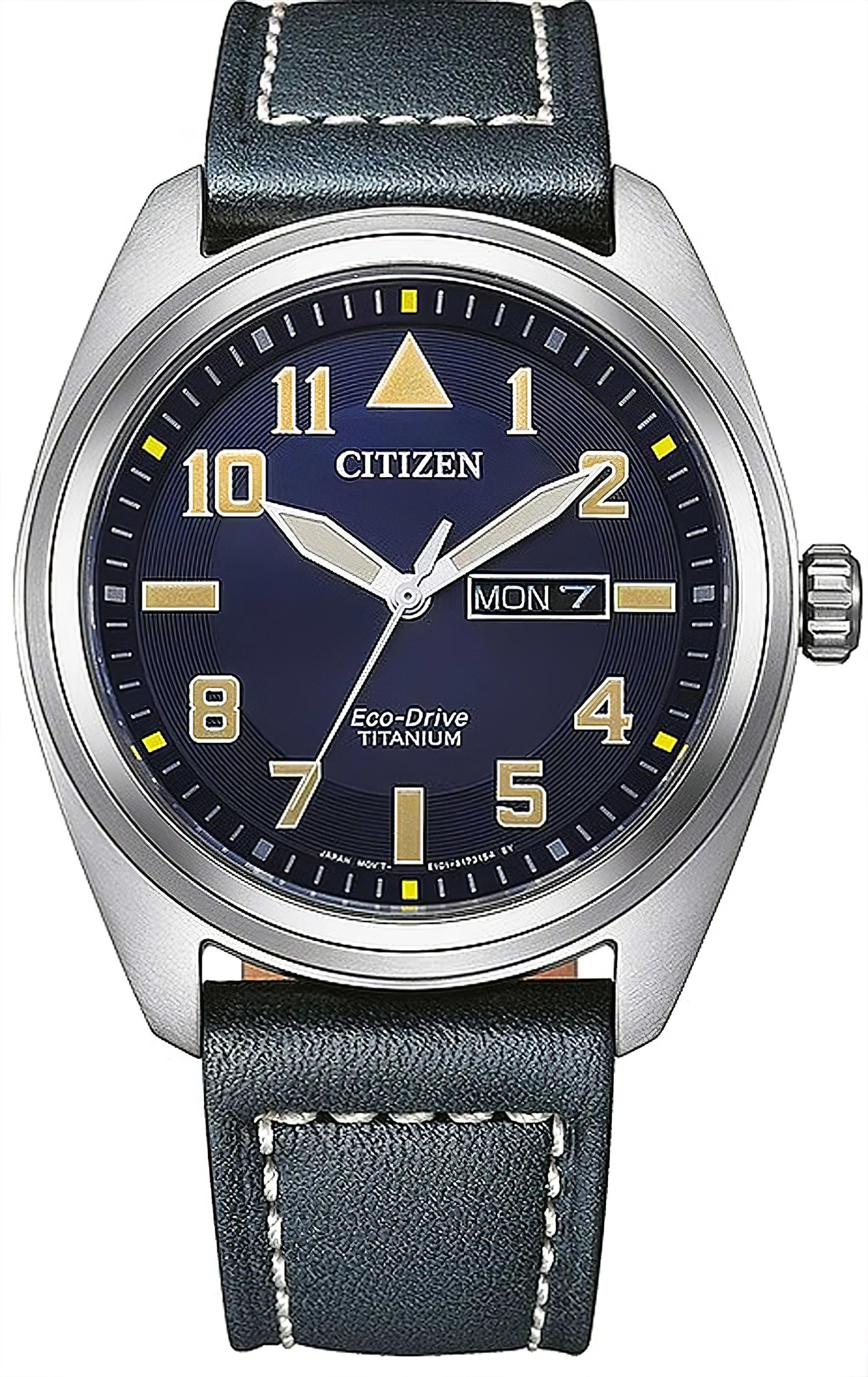 Citizen Herrenuhr mit rundem Metallgehäuse, blauem Zifferblatt und dunkelblauem Lederband