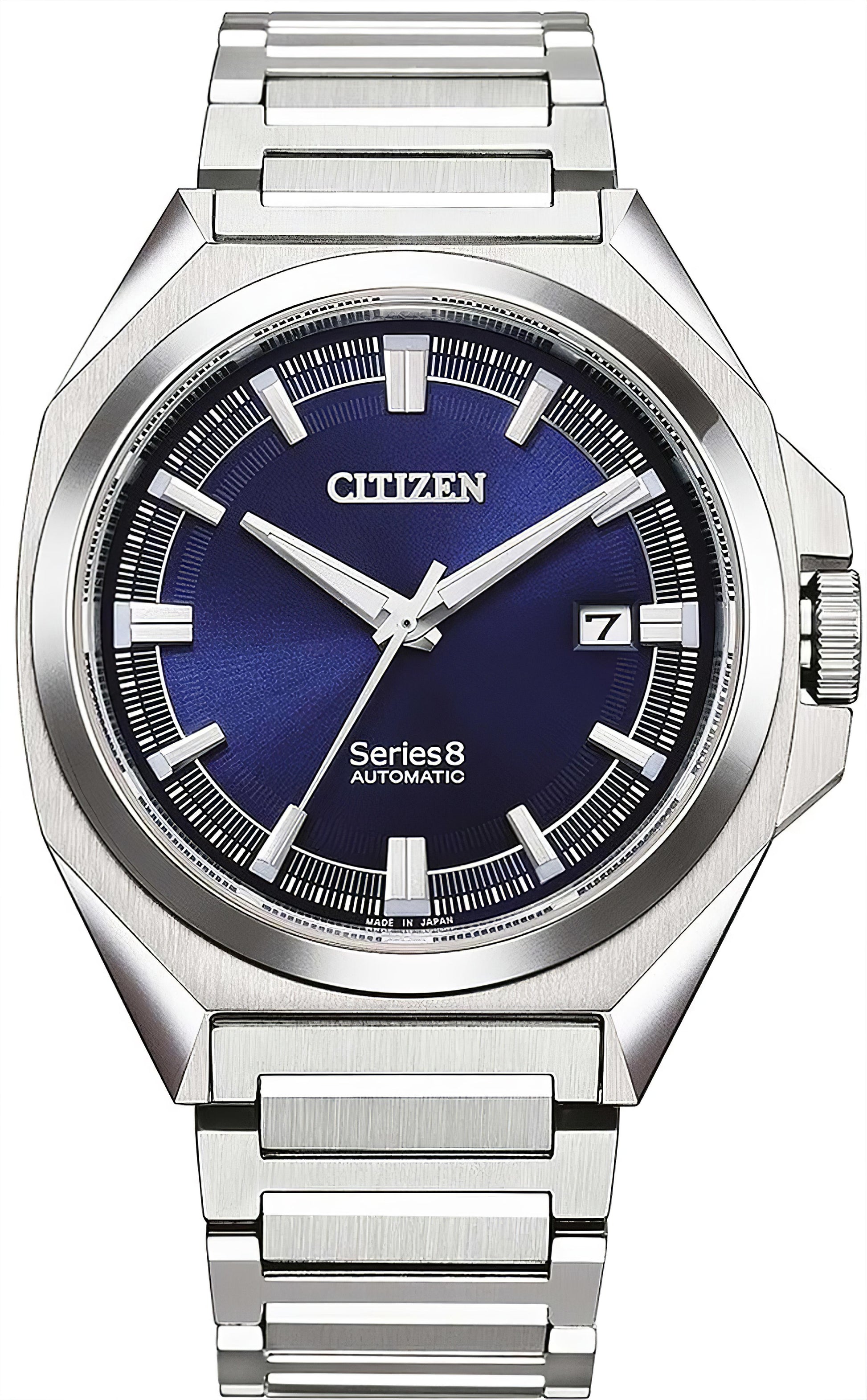 CITIZEN Herrenarmbanduhr mit silbernem Metallband und blauem Zifferblatt, Datum bei 7
