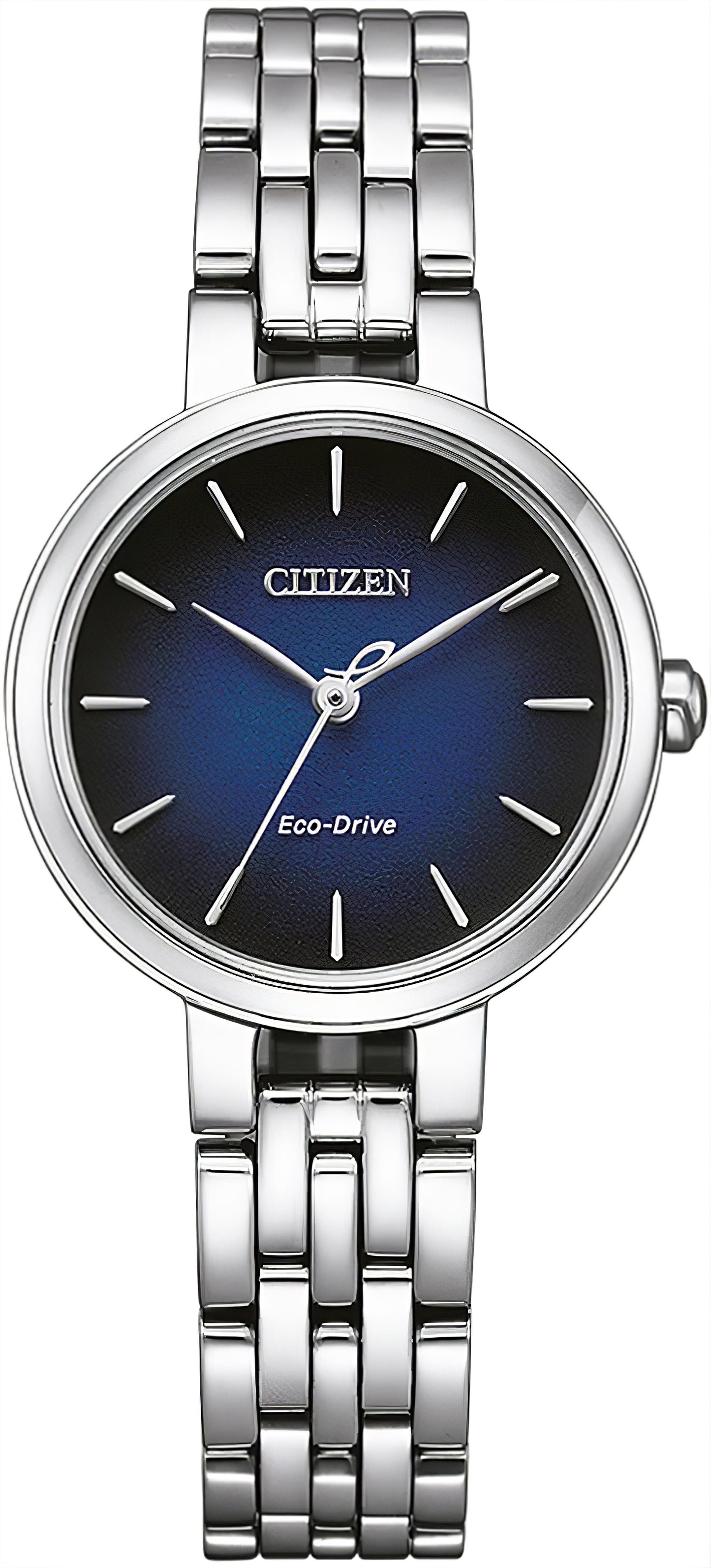 Citizen Damenuhr: Edelstahlarmband, rundes Zifferblatt mit Eco-Drive, blauem Akzent.
