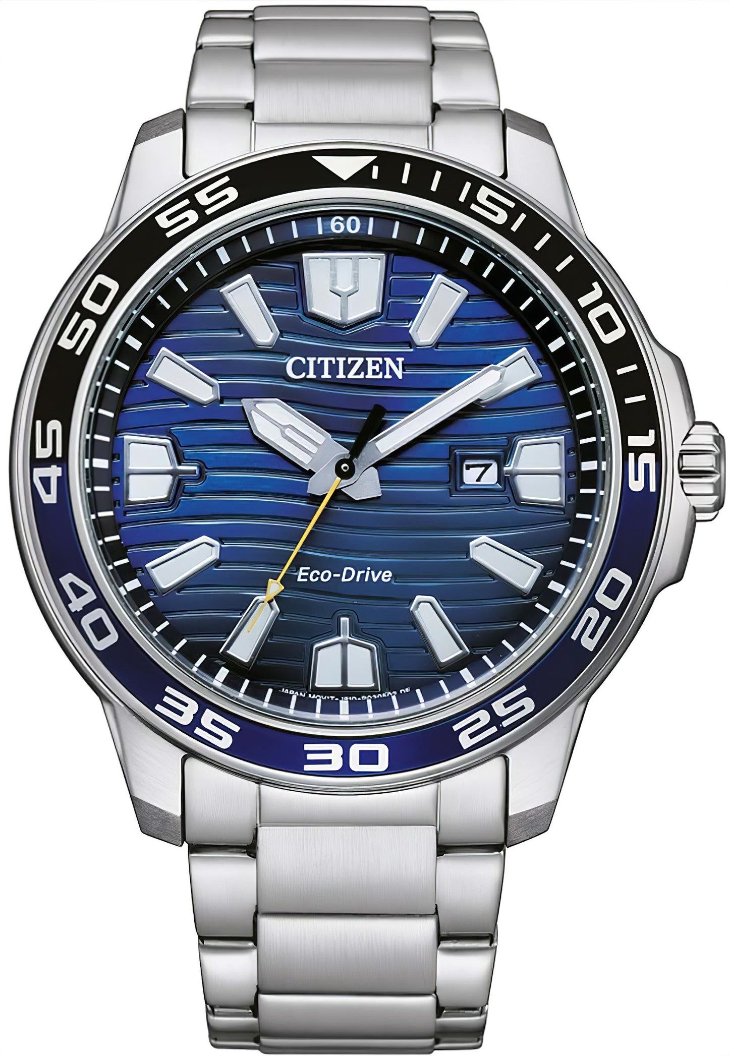 Citizen Herrenuhr mit Eco-Drive, blauem Zifferblatt und Edelstahlarmband, Sportdesign
