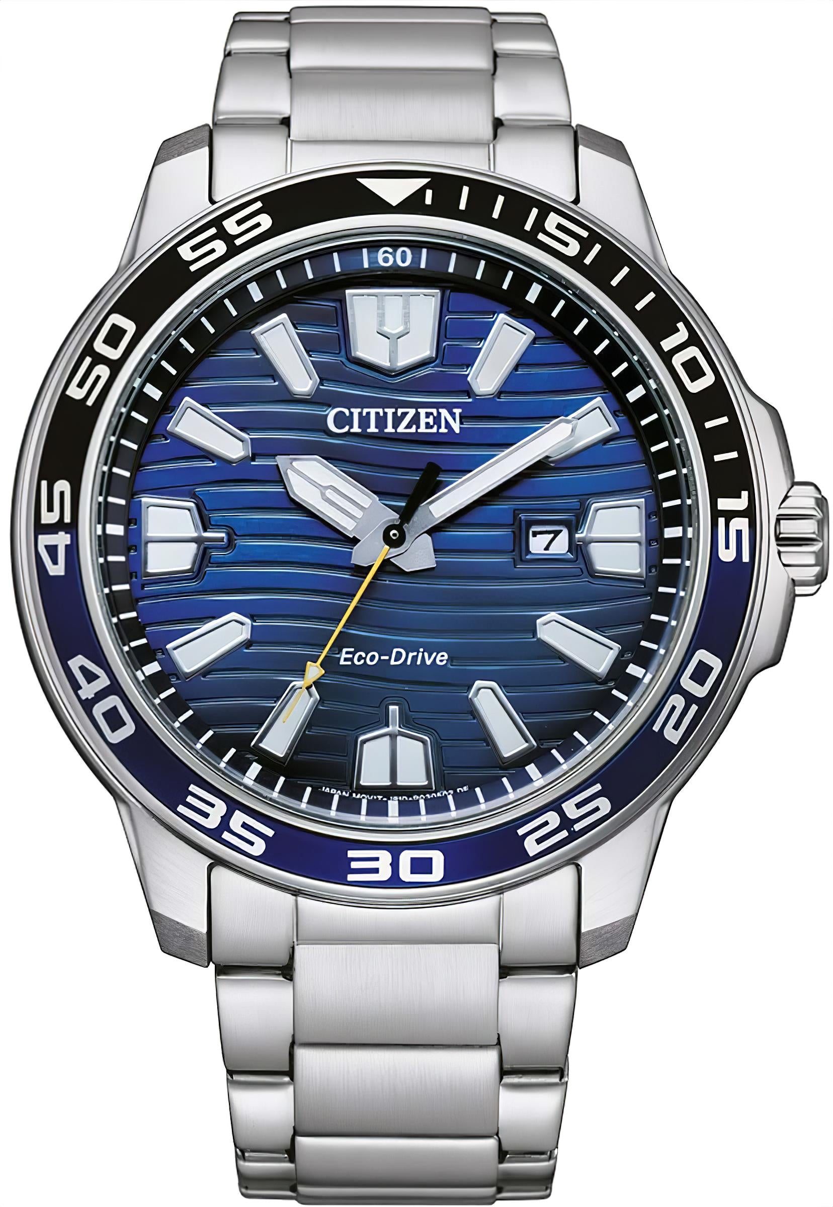 Citizen Herrenuhr mit Eco-Drive, blauem Zifferblatt und Edelstahlarmband, Sportdesign