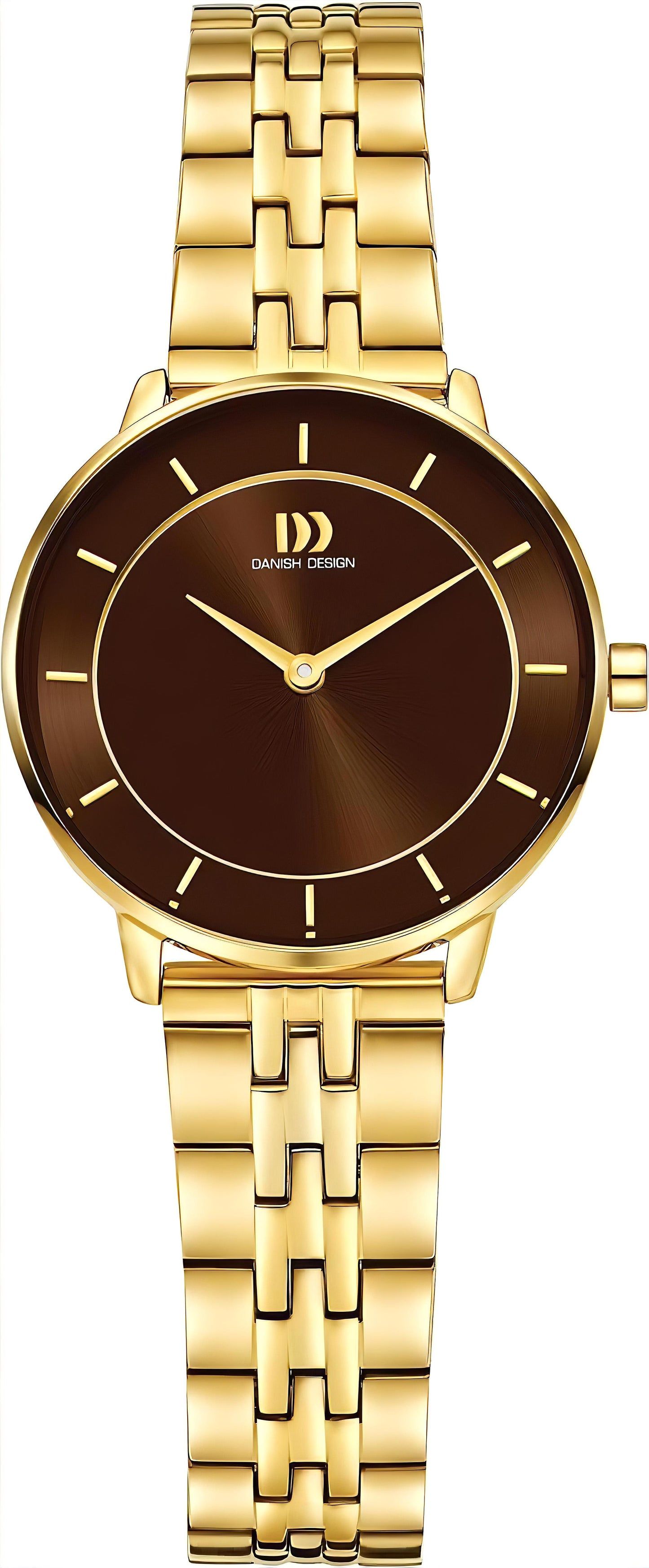 Danish Design Damenuhr mit goldfarbenem Edelstahlarmband und dunkelbraunem Zifferblatt