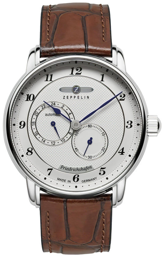 Herrenautomatik-Uhr Zeppelin mit braunem Lederarmband, silbernem Gehäuse und weißem Zifferblatt