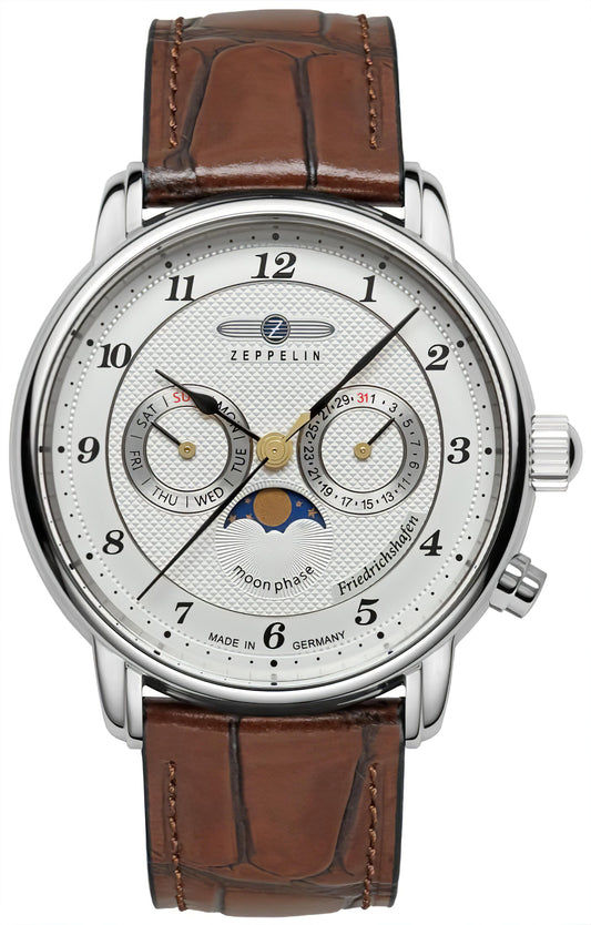 Herren-Uhr mit Mondphasenanzeige, silbernem Gehäuse und braunem Lederarmband