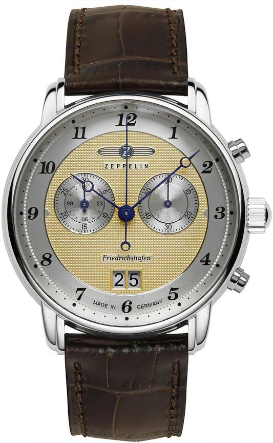 Zeppelin Herrenuhr mit braunem Lederarmband, rundem Metallgehäuse und beigem Zifferblatt