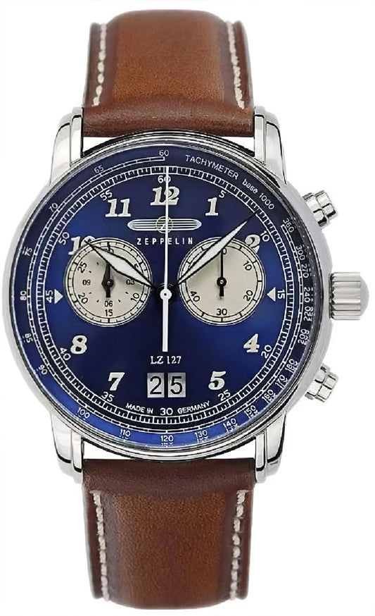 Zeppelin Chronograph-Herrenuhr mit blauem Zifferblatt und braunem Lederarmband.