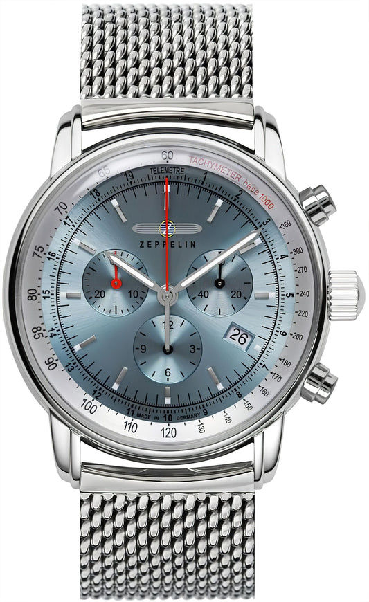 Herrenarmbanduhr mit silberfarbenem Milanaiseband, blauem Chronographen-Zifferblatt