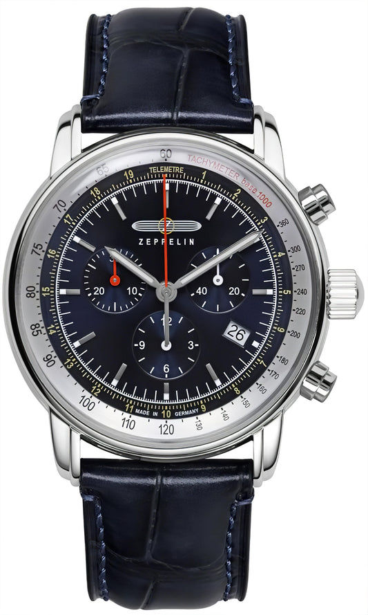 Zeppelin LZ14 Marine 8888-3 Herrenuhr mit rundem Stahlgehäuse, blauem Zifferblatt und Lederband