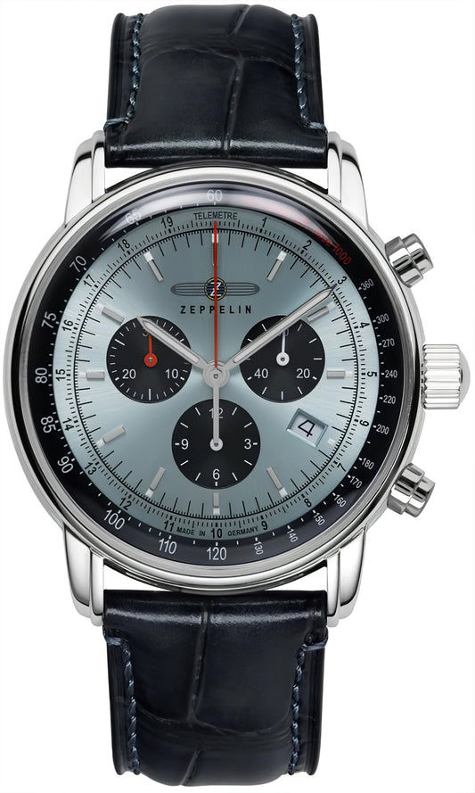 Zeppelin Chronograph: Herrenuhr mit dunkelblauem Lederband und silbernem Gehäuse