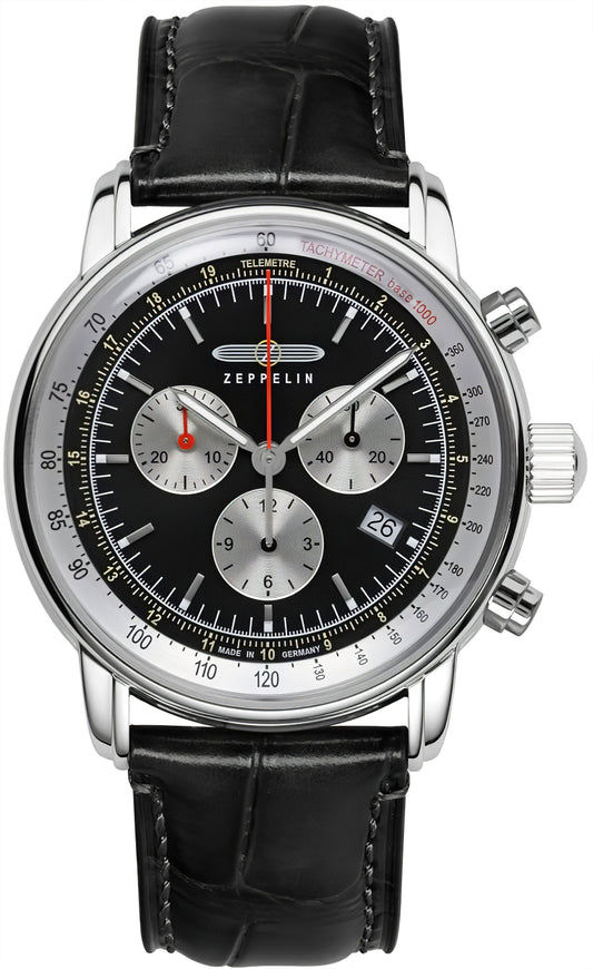 Zeppelin Chronograph-Herrenuhr: schwarzes Lederarmband, silbernes Gehäuse, schwarzes Zifferblatt