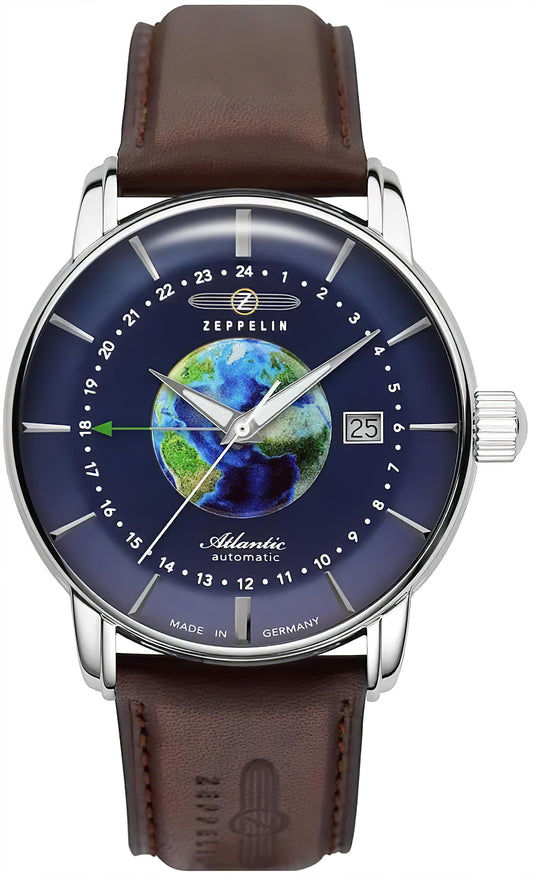 Zeppelin Atlantic Herrenuhr mit blauem Zifferblatt, Weltkarte, Datumsanzeige und braunem Lederband
