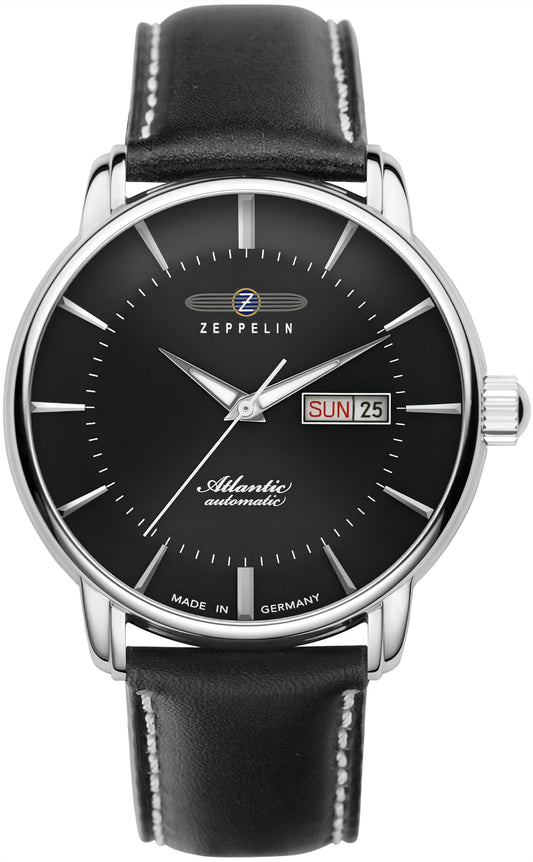 Zeppelin Atlantic Herrenuhr Automatik mit schwarzem Zifferblatt, Lederriemen und Datumsanzeige