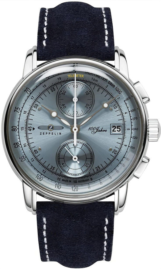 Zeppelin Herrenuhr mit rundem silbernem Gehäuse, blauem Lederband und silbernem Chrono-Zifferblatt