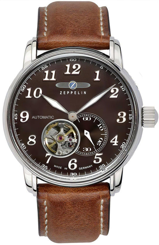 Herrenautomatik-Armbanduhr mit offenem Herzen, braunem Lederarmband und braunem Zifferblatt