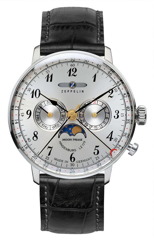 Herrenuhr mit schwarzem Lederarmband, silbernem Gehäuse und weißem Zifferblatt mit Mondphase