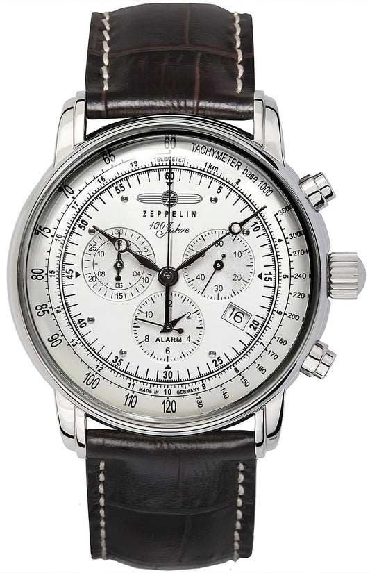 Zeppelin Herrenuhr mit Chronograph und Alarm, schwarzes Lederarmband, weißes Zifferblatt
