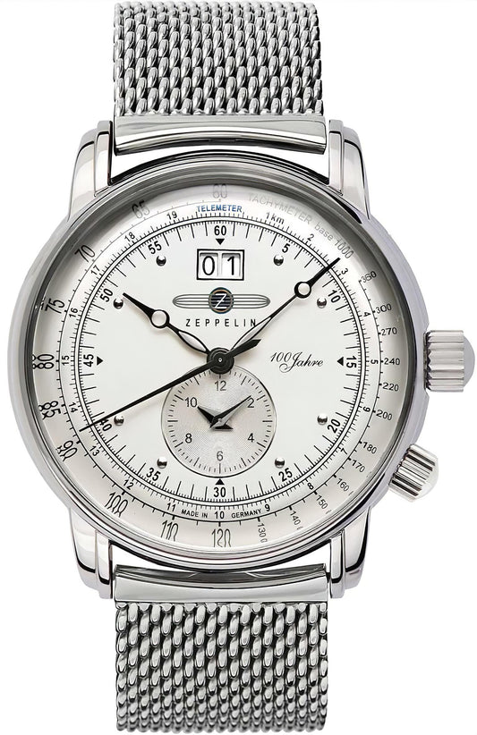 Zeppelin Herrenuhr mit silbernem Metallband und weißem Zifferblatt, Chronograf-Subdial.