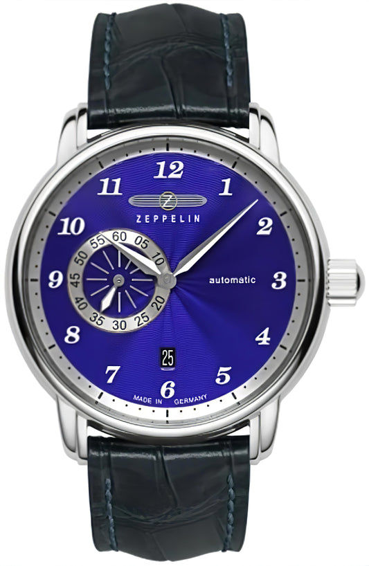 Herrenarmbanduhr Zeppelin mit blauem Zifferblatt, offenem Herz und dunkelblauem Lederarmband