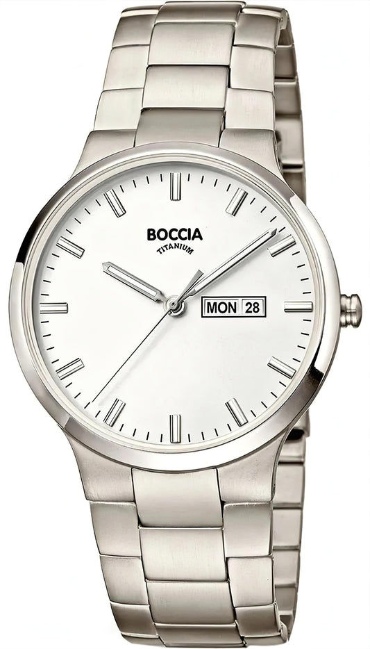 Boccia Titanium Herrenuhr Reintitan, silbernes Armband, weißes Zifferblatt mit Datum